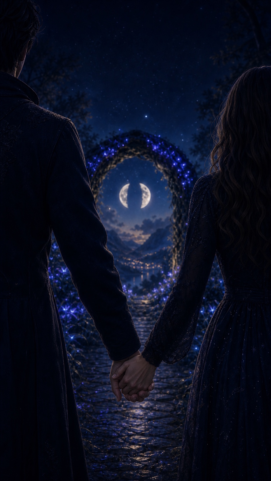 Two adults seen from behind holding hands in a glowing forest beneath a split moon