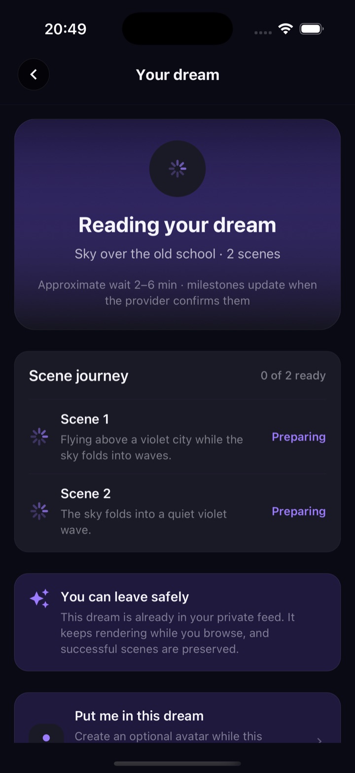 WatchDreams generation progress for a short dream video