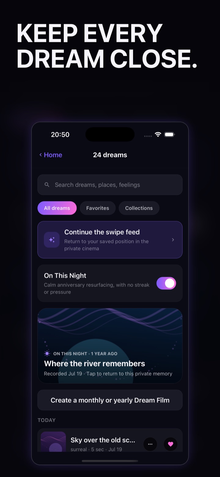WatchDreams private library with search, favorites, and collections