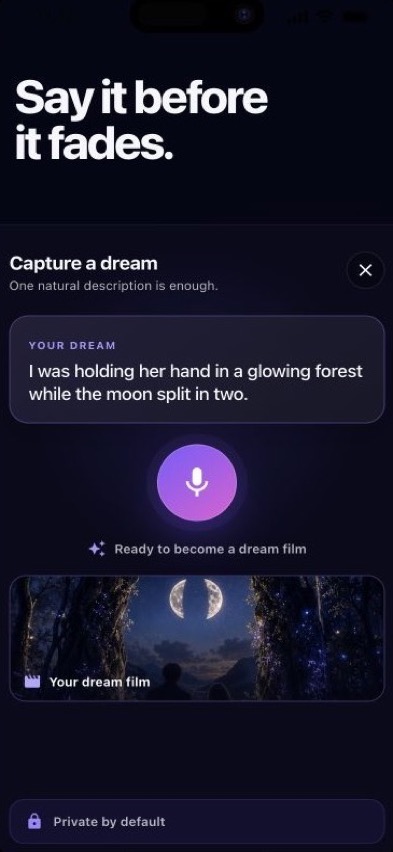 WatchDreams capture screen showing the glowing forest dream sentence